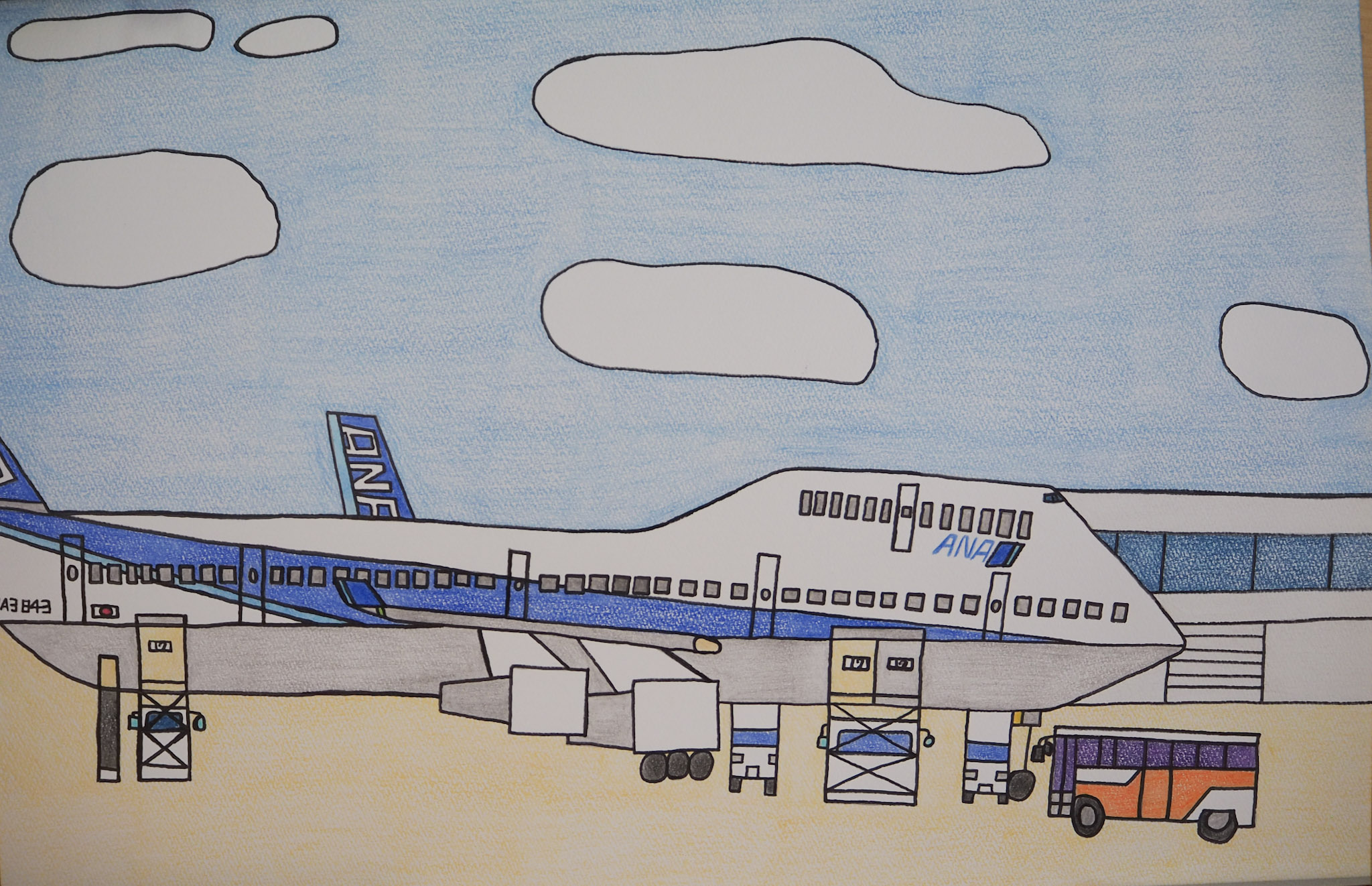 《ボーイング747 400航空貨物第2ターミナル》　2023年 紙、色鉛筆　380×540